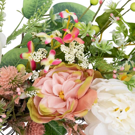 26" Pink & Yellow Rose & Hydrangea Floral Spring Wreath